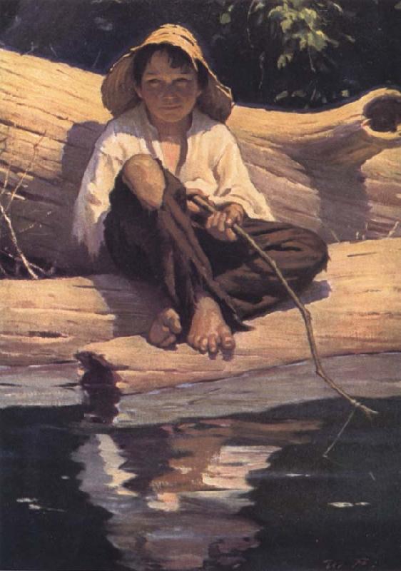 Worth Brehm Forntispiece illustration for The Adventures of Huckleberry Finn by mark Twain France oil painting art